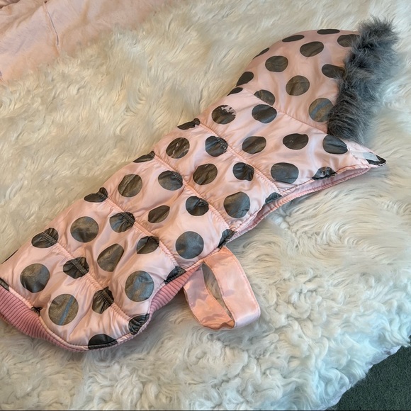 5/$25 SALE Dog Coat with fur trimmed hood pink w/ silver polka dots size XL
